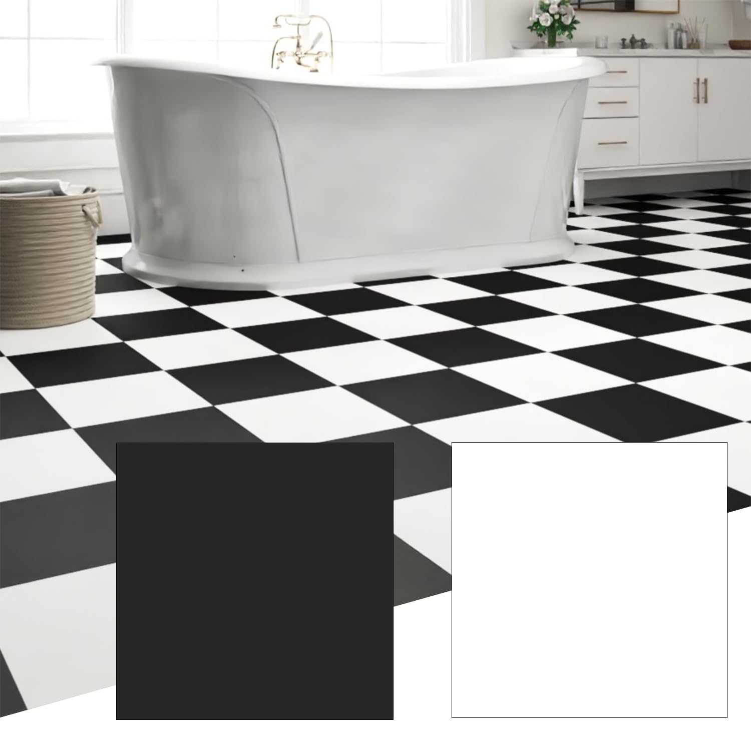20-Pack 20 Sq.Ft Peel and Stick Floor Tiles Vinyl Matte Pattern Flooring, 12” x 12” Self Adhesive Vinyl Flooring DIY for Renter Kitchen, Bathroom, Laundry, Pure Black&Pure White