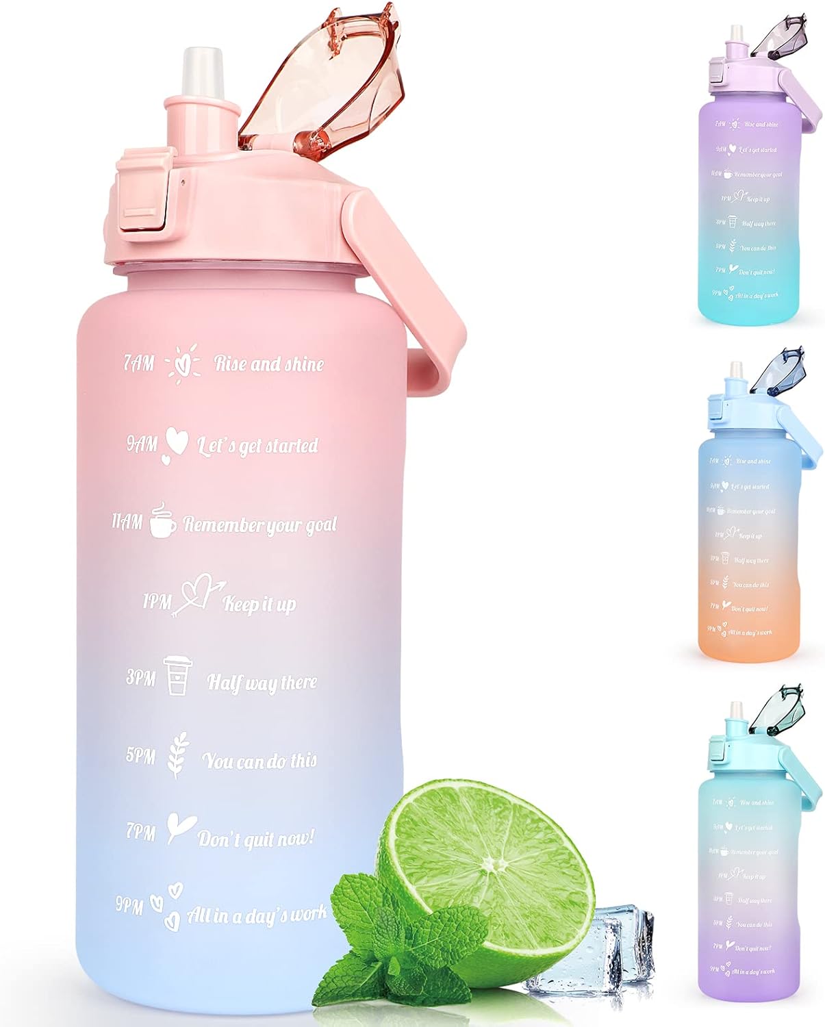 Water Bottle 2L BPA Free Sport Drinks Jug with Time Marking & Lock Cover, Leak Proof 2 Liters Water Bottle with Portable Handle, Pink Red Water Canteen Bottle