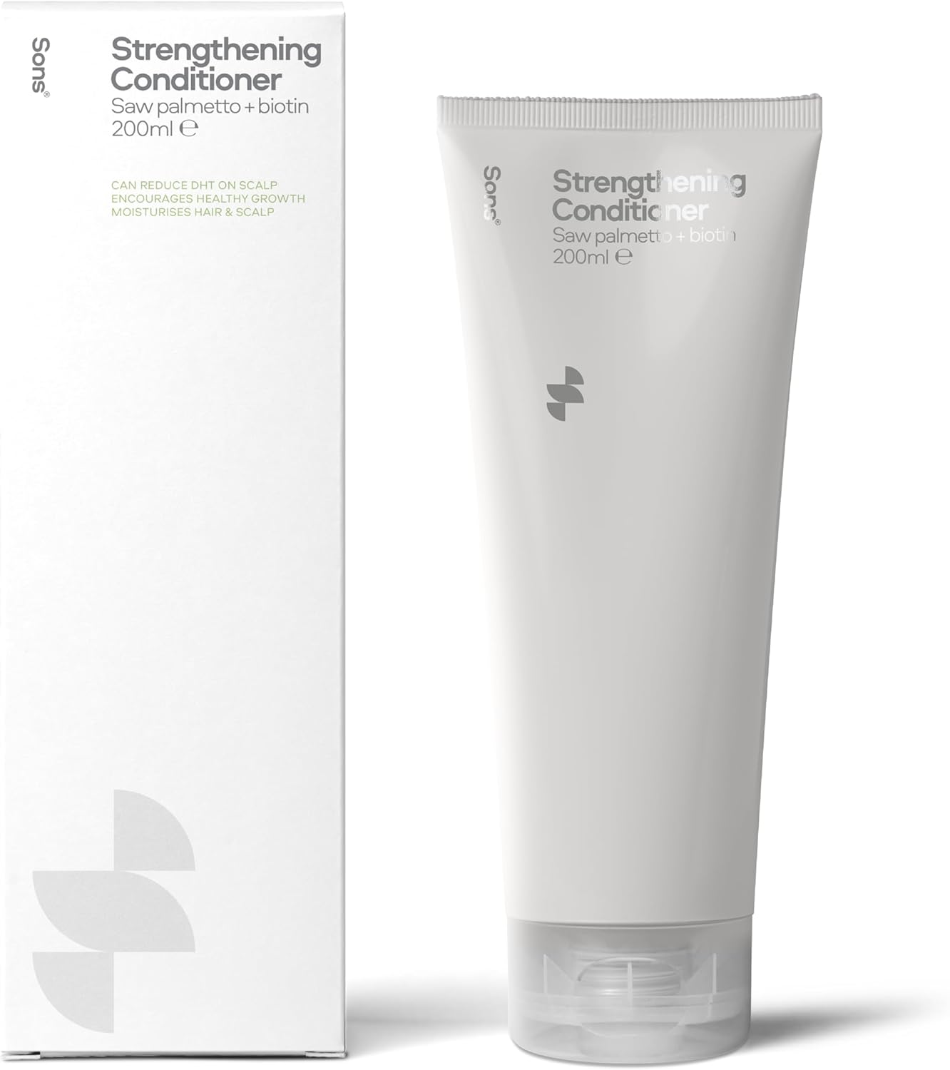 Sons Strengthening Conditioner. DHT Blocking and Anti-Dandruff Formula With Saw Palmetto, Argan Oil, & Biotin. Sulphate & Paraben Free. Itchy Scalp Treatment. 1 Month Supply. Made in Europe.