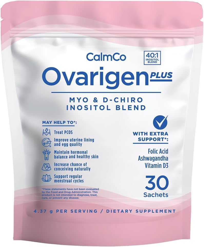 CalmCo Ovarigen Plus, Myo & D-Chiro Inositol Blend Powder – 40:1 Blend with Folic Acid, Ashwagandha, and Vitamin D3 - Help Manage PCOS Symptom, Hormone Balance, and Natural Fertility Aid, 30 Sachets