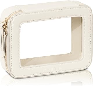 Prite Clear Makeup Bag Cosmetic Organizer Case Waterproof Travel Toiletry Bag Skincare Pouch with Golden Zipper(Beige)