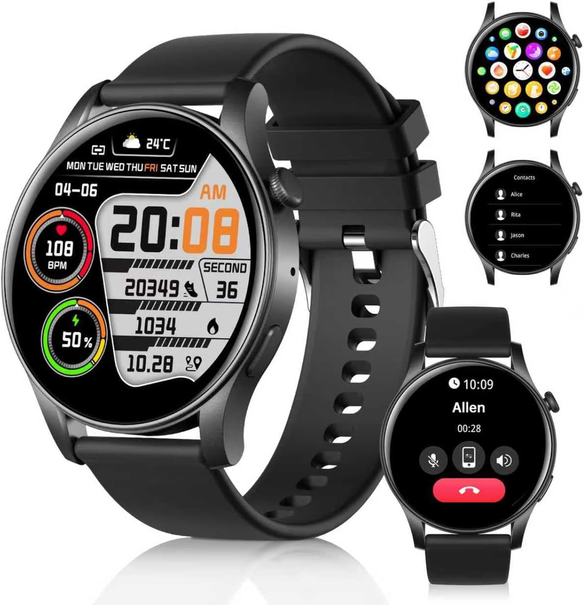 Tulbeys Smart Watch for Men Women with Bluetooth Call,1.43" DIY Dial Fitness Watch with Heart Rate/Sleep Monitor,107+ Sport Mode,IP67 Waterproof Watch Compatible with Android iOS(Black)