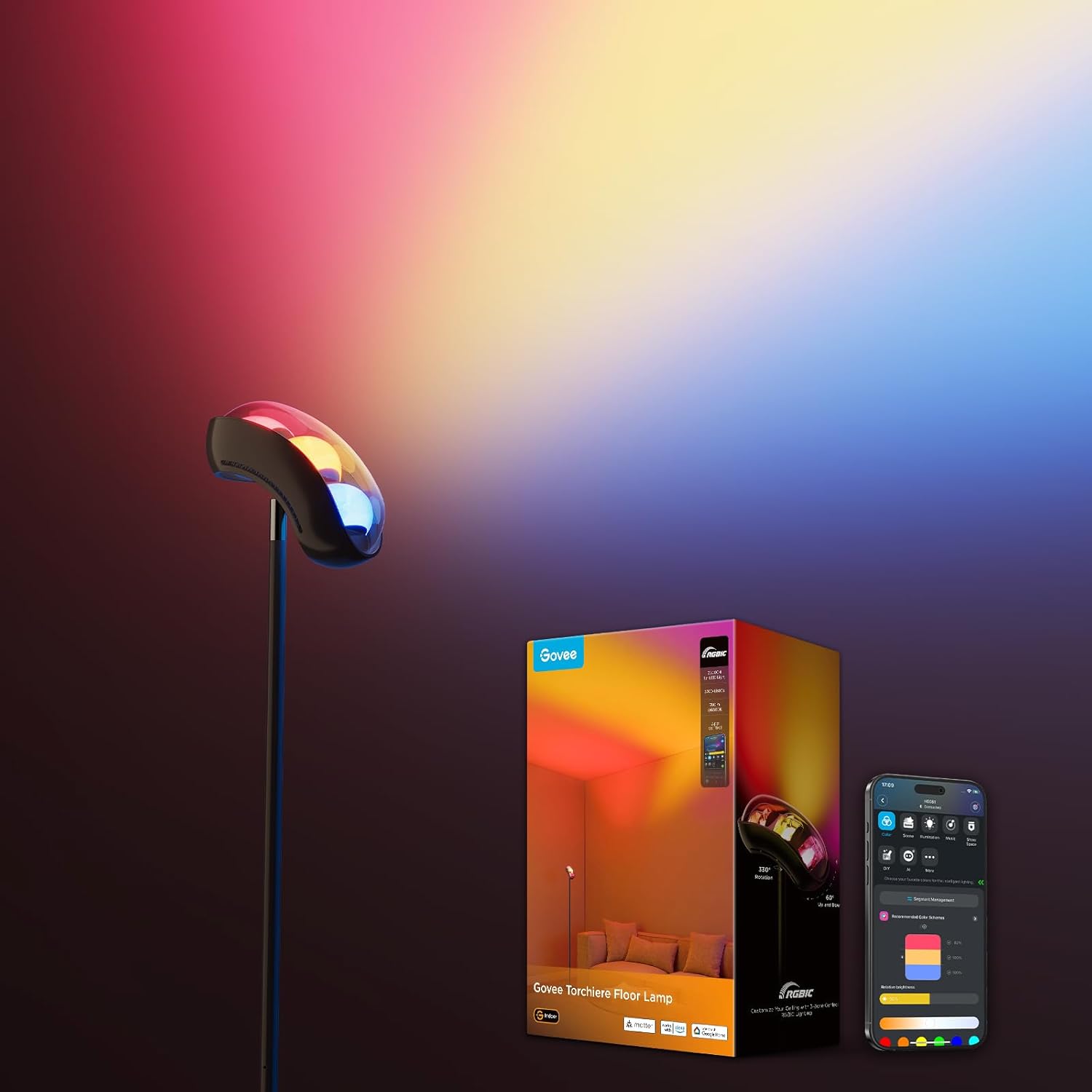 Govee Torchiere LED Floor Lamp, RGBWWIC 3-Zone Control Standing Corner Lamp, Works with Matter Alexa, 77 Scenes, Music Sync, 170cm Black Uplighter Floor Lamps for Living Room Bedroom Ceiling Lighting