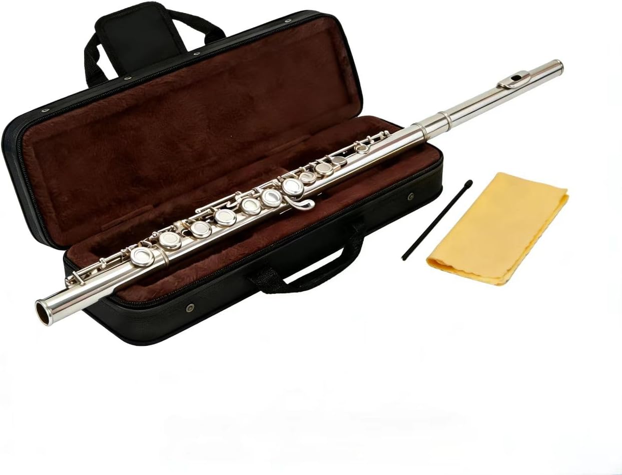 C Flute 16 Key Closed Hole - Beginner Flute to Professional Concert Flute | Nickel/Silver Plated Flute Instrument with Cleaning Kit, Case & Tuning Rod | Flutes for Beginners, Students & Professional