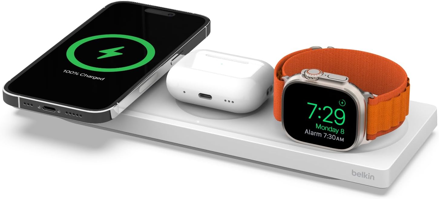Belkin BoostCharge Pro 15W 3-In-1 Wireless MagSafe Charging Pad - White