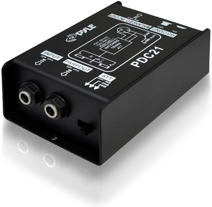 Pyle Premium Direct Injection Audio Box - 2.36" x 4.09" Passive DI Unit Hum Eliminator w/ Input Attenuator to Connect Guitar & Bass, 1/4'' Impedance Transformer Connector to Balanced & Unbalanced XLR