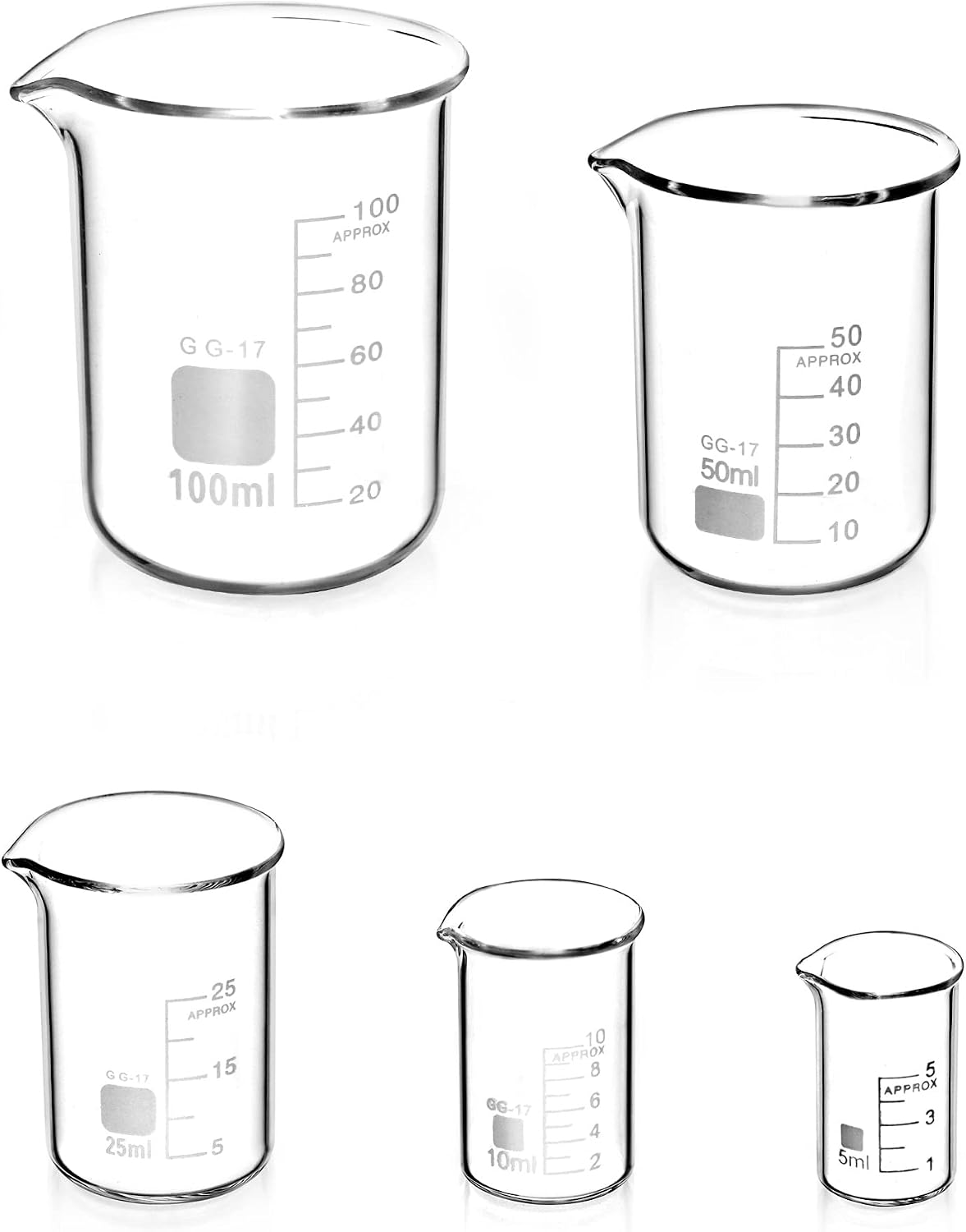 QWORK® 5 Pcs Graduated Borosilicate Glass Beaker 5ml 10ml 25ml 50ml 100ml Set for Science Lab Kitchen