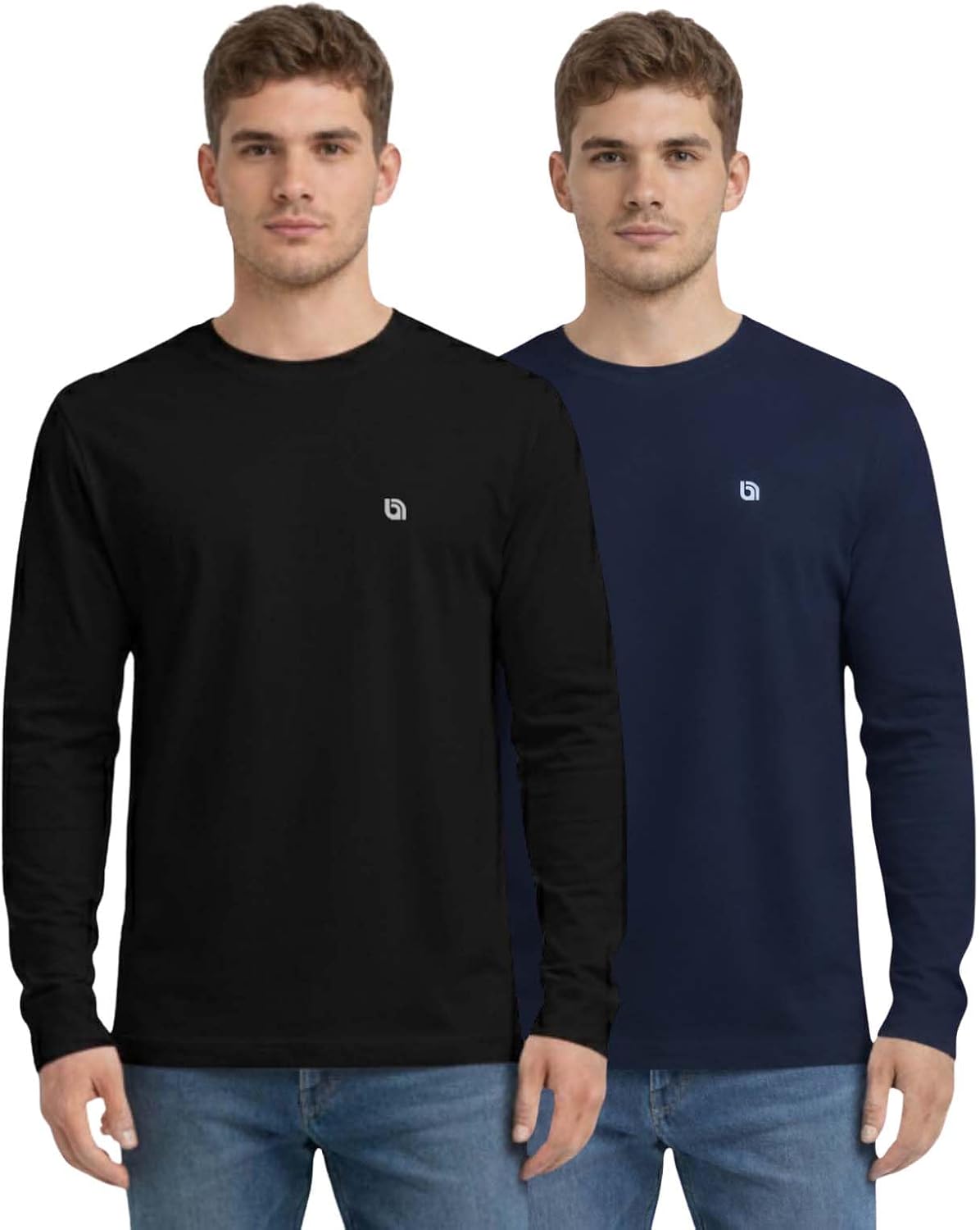 Bahob® 2 Pack Men's Long Sleeve T-Shirt Top Round Neck Full Sleeve T-Shirt Soft Cotton S-XXXL