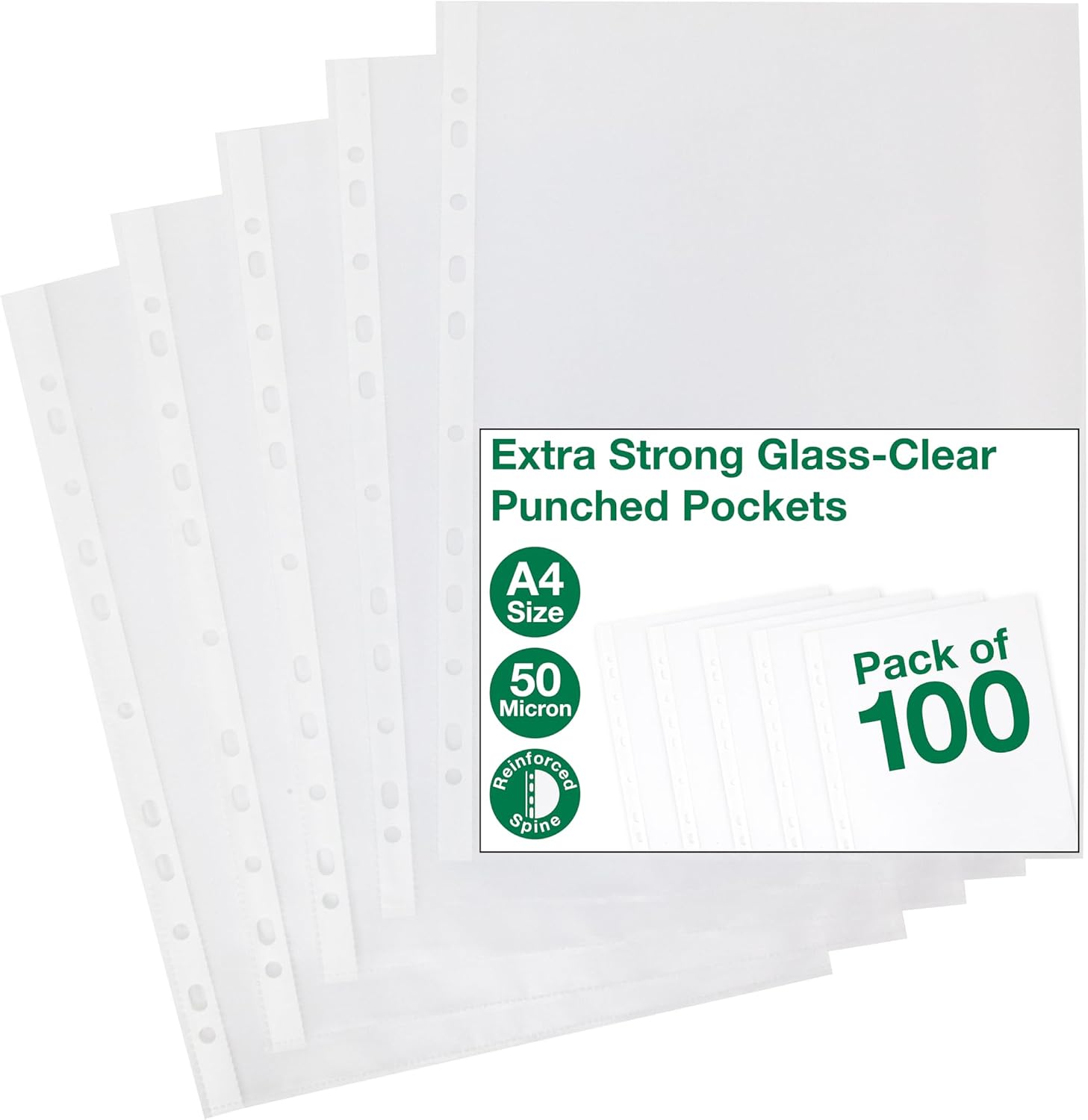 SUMMIT Punched Pockets A4, Heavy Duty 50 Micron, Glass Clear, 100 Poly Pockets