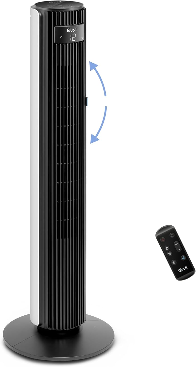 LEVOIT 25dB Silent Tower Fan for Large Bedroom 42 Inch, 7.9m/s Powerful Velocity, 23W Low Energy, Adjustable 60° Up-down Wind & 90° Oscillating Bladeless Fan with Remote 12 Speeds 4 Modes 12H Timer