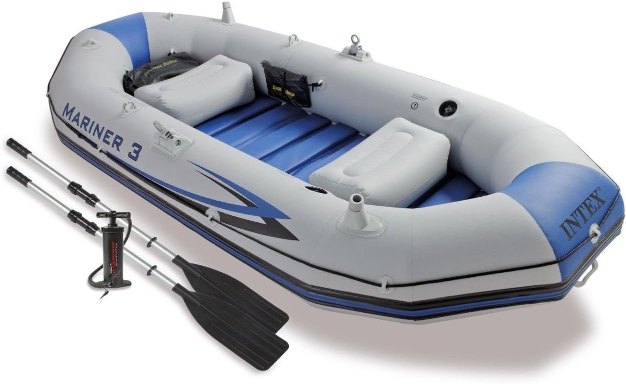 Intex Mariner Inflatable Boat Series: Includes Deluxe Boat Oars and High-Output Pump – SuperTough PVC – Wear-Resistant Keel – Removable Fishing Rod Holders – Heavy Duty Grab Handle