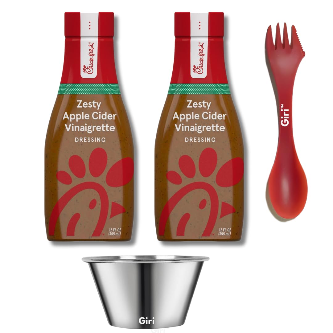 Chick-fil-A Zesty Apple Vinaigrette Salad Dressing, 12 oz (2-pack) Bundle with Giri Plastic Spork and Stainless Steel Condiment Cup (3 Items)