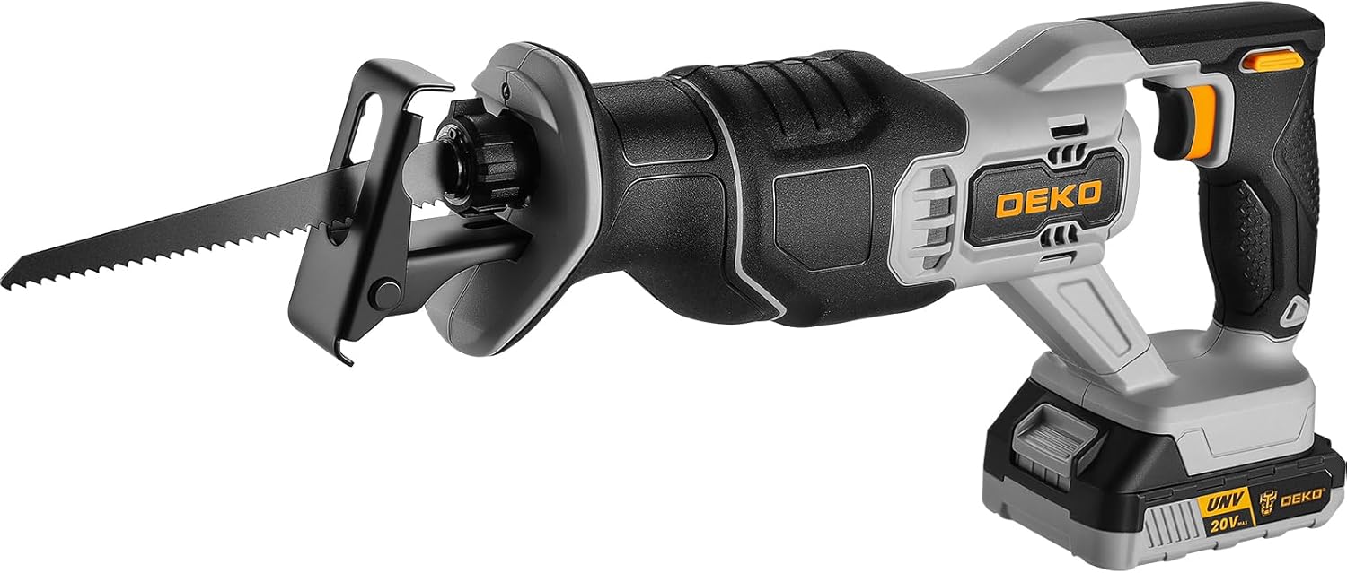 Cordless Reciprocating Saw: DEKOPRO 20V Lithium Ion Power Reciprocating Saw with Battery and Charger, Variable Speed Trigger, 25/32" Stroke Length, 0-2800RPM and 4-5/16" Max for Wood, Metal, PVC
