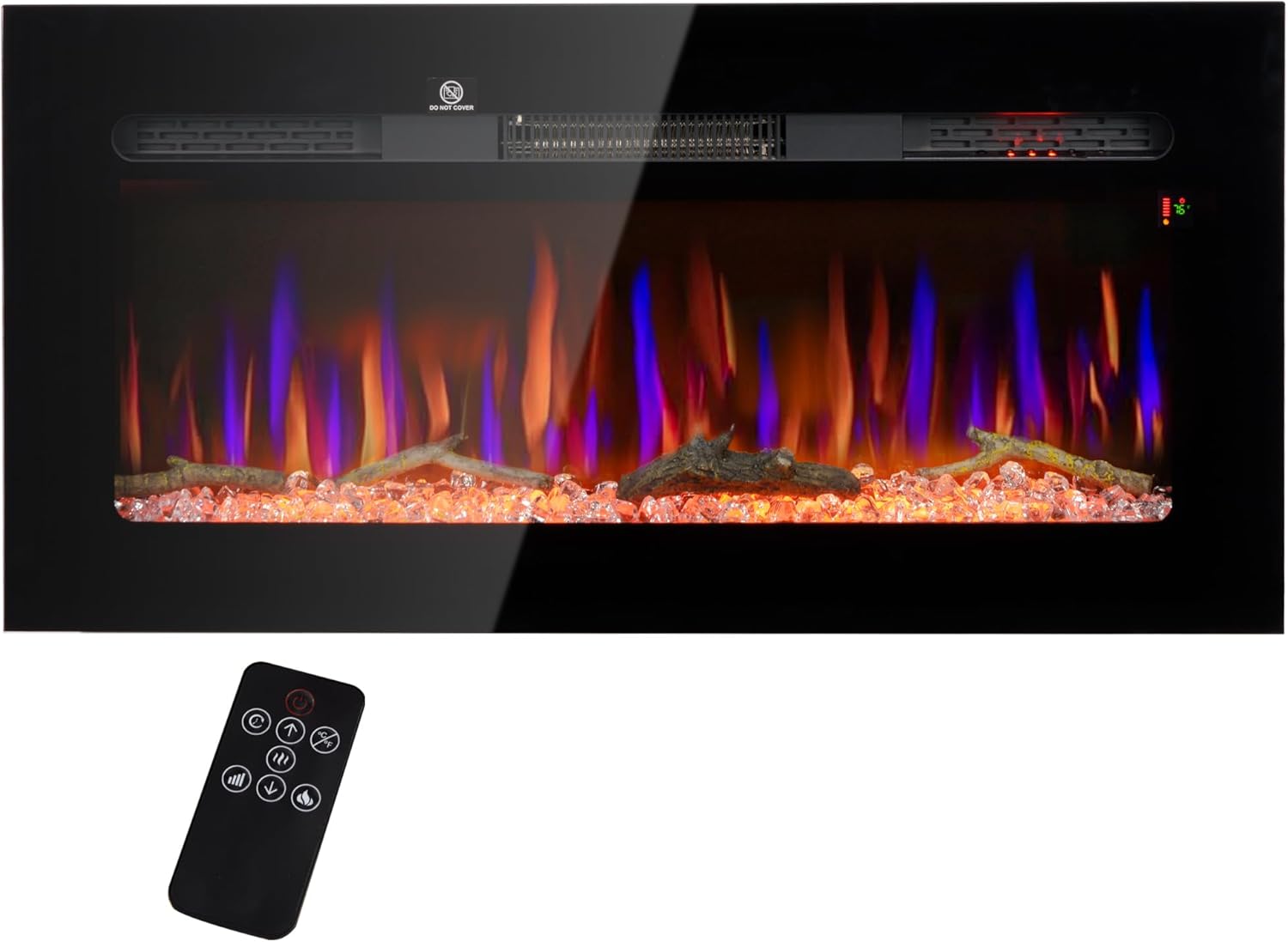 HOMCOM 36" Electric Fireplace Recessed and Wall Mounted with Remote Control, 1500W Fireplace Heater with 8H Timer, Adjustable Flame Color and Brightness, Log and Crystal