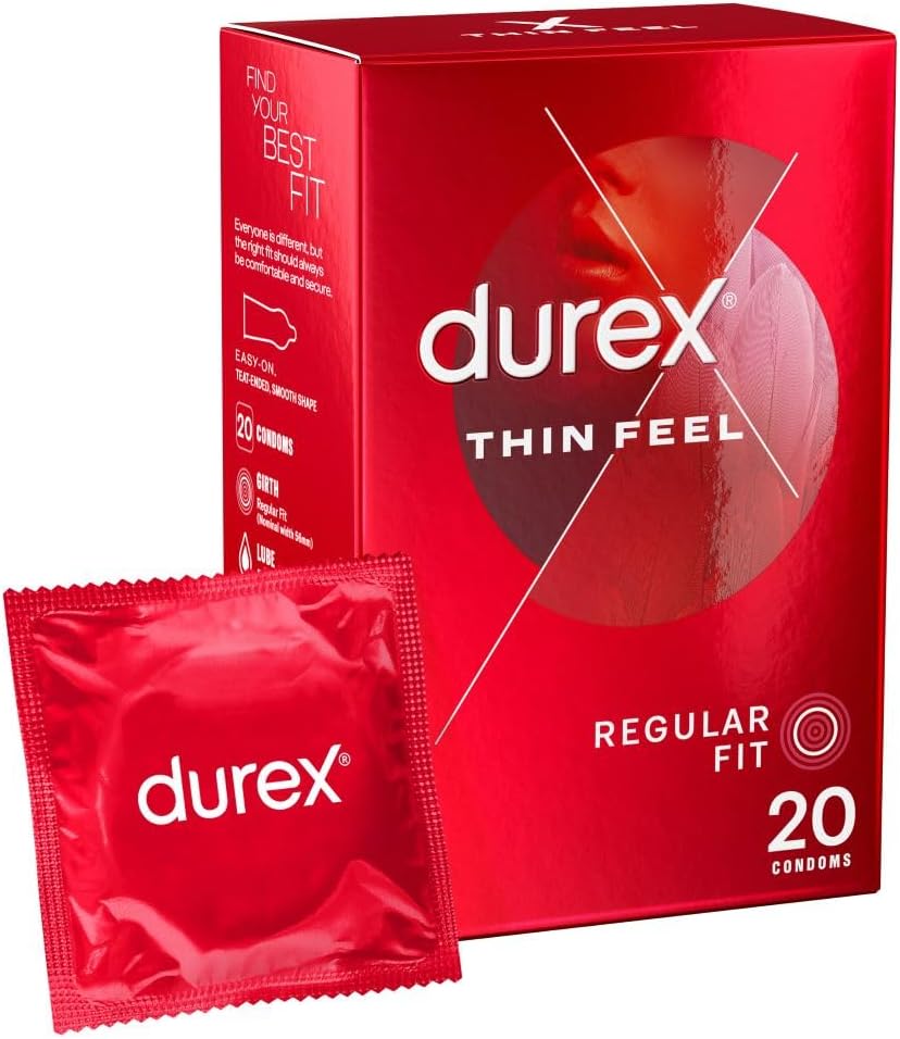 Durex Thin Feel Condoms, Regular Fit, 20s, Secure, Natural Latex, with Silicone Lube, Easy On Shape, More Sensitivity