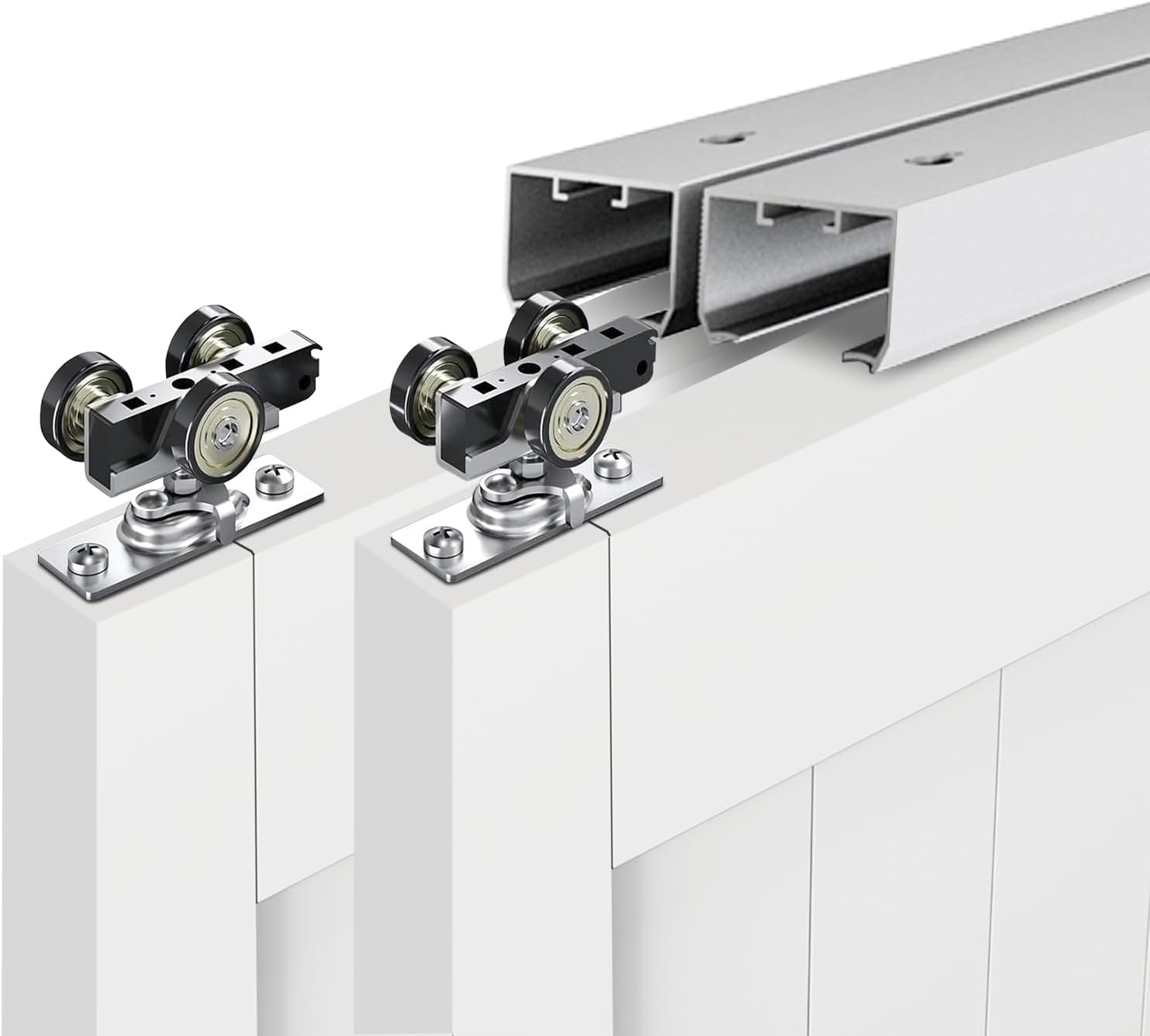 JUBEST 4FT Double Track Bypass Door Hardware, Aluminum Ceiling Mount Closet Set With Finger Pull, Smoothly and Quietly Sliding Pocket Kit, Easy to Install