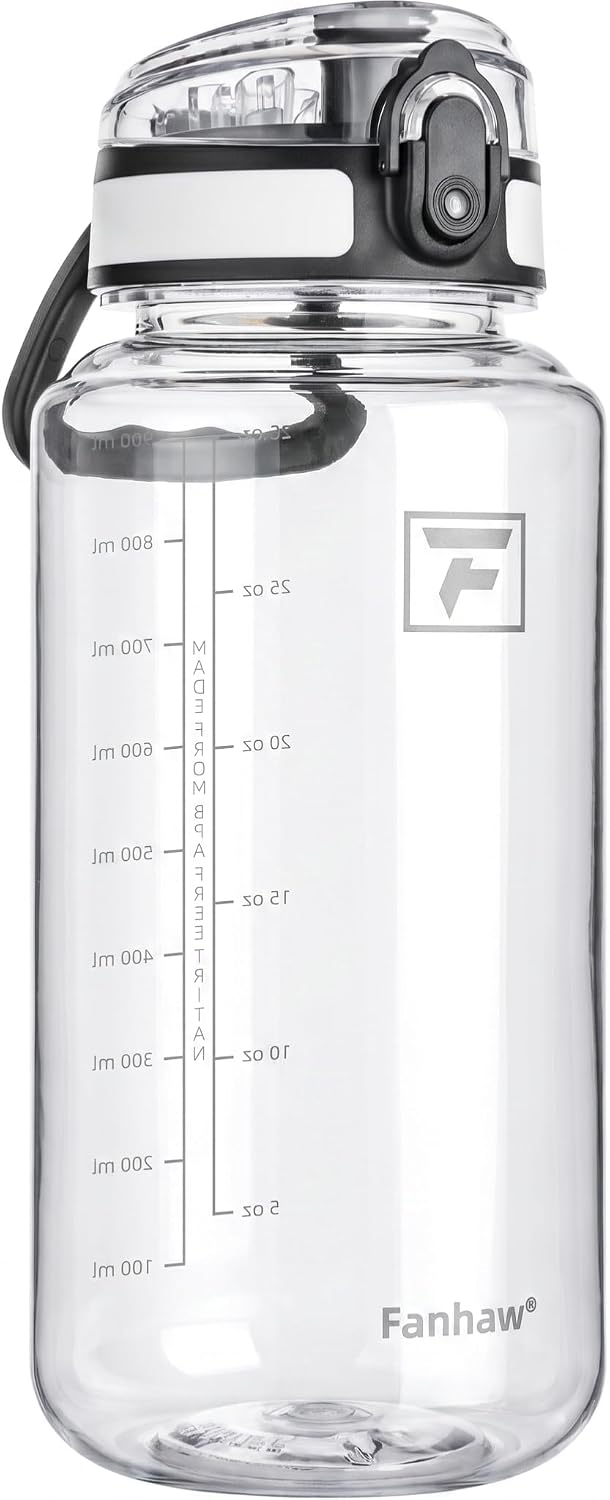 Fanhaw 32oz Clear Plastic Water Bottle with Anti-dust Lid, Clear&White