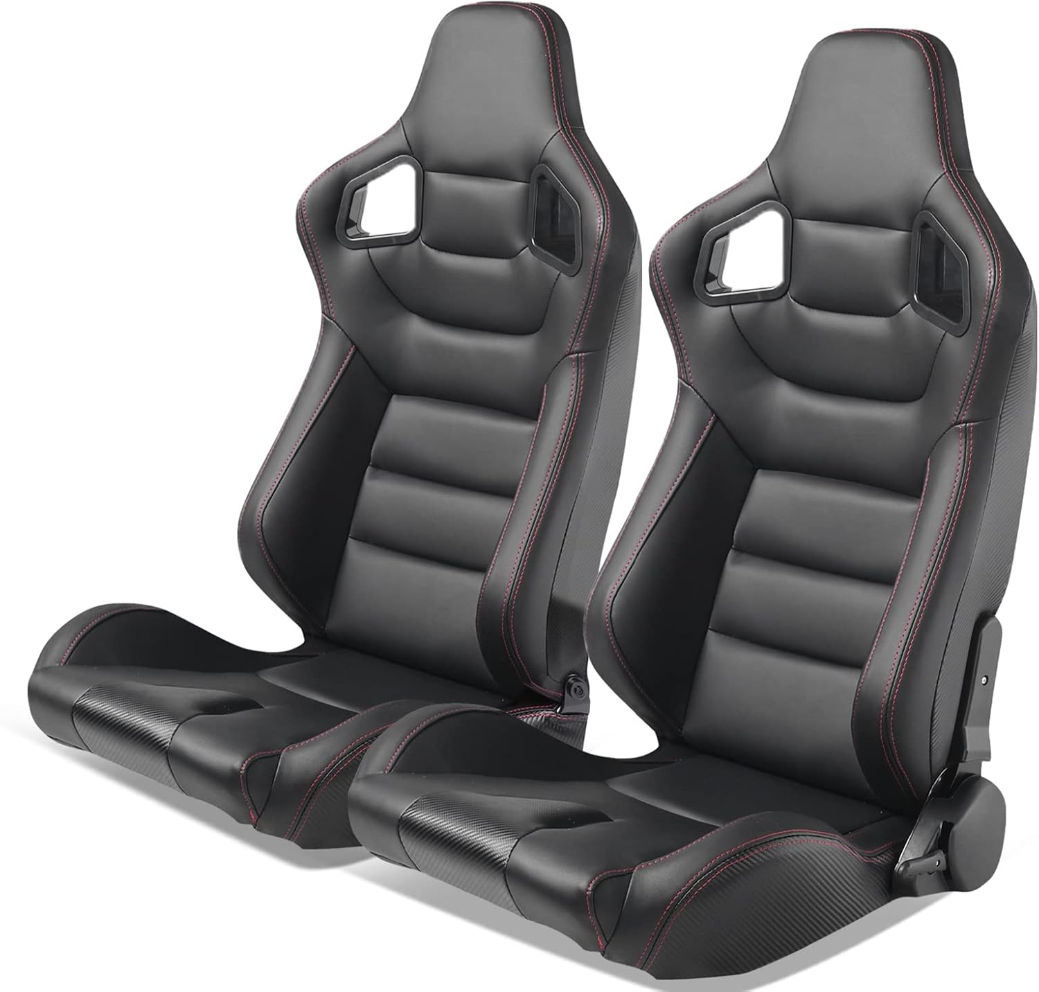 IKON MOTORSPORTS, Universal Racing Seats with Dual Sliders, Reclinable Black with Red Stitch PU & Carbon Leather Sport Bucket Seats, 1 Pair Driver + Passenger Side