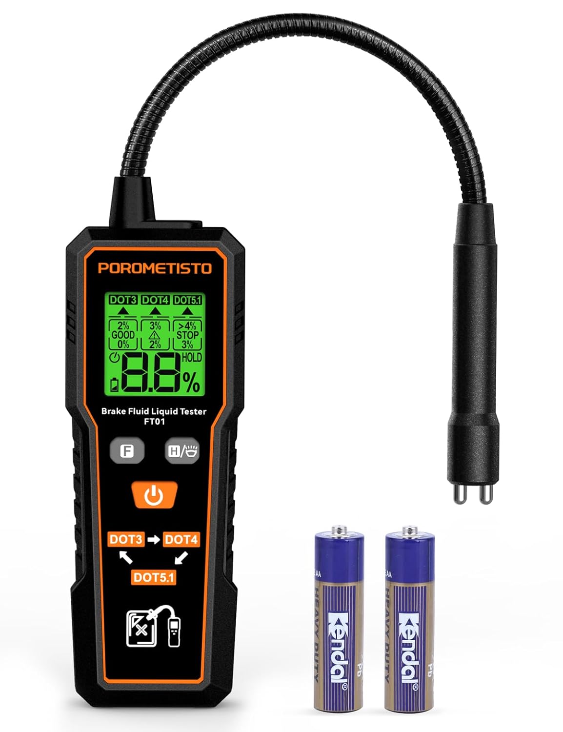 Brake Fluid Tester POROMETISTO FT01, Brake Fluid Moisture Tester with 8.5-Inch Corrosion Resistance Probe, Brake Fluid Detector with Flashlight, Data Hold, Backlight Alarm for DOT3, DOT4, DOT5.1-Black