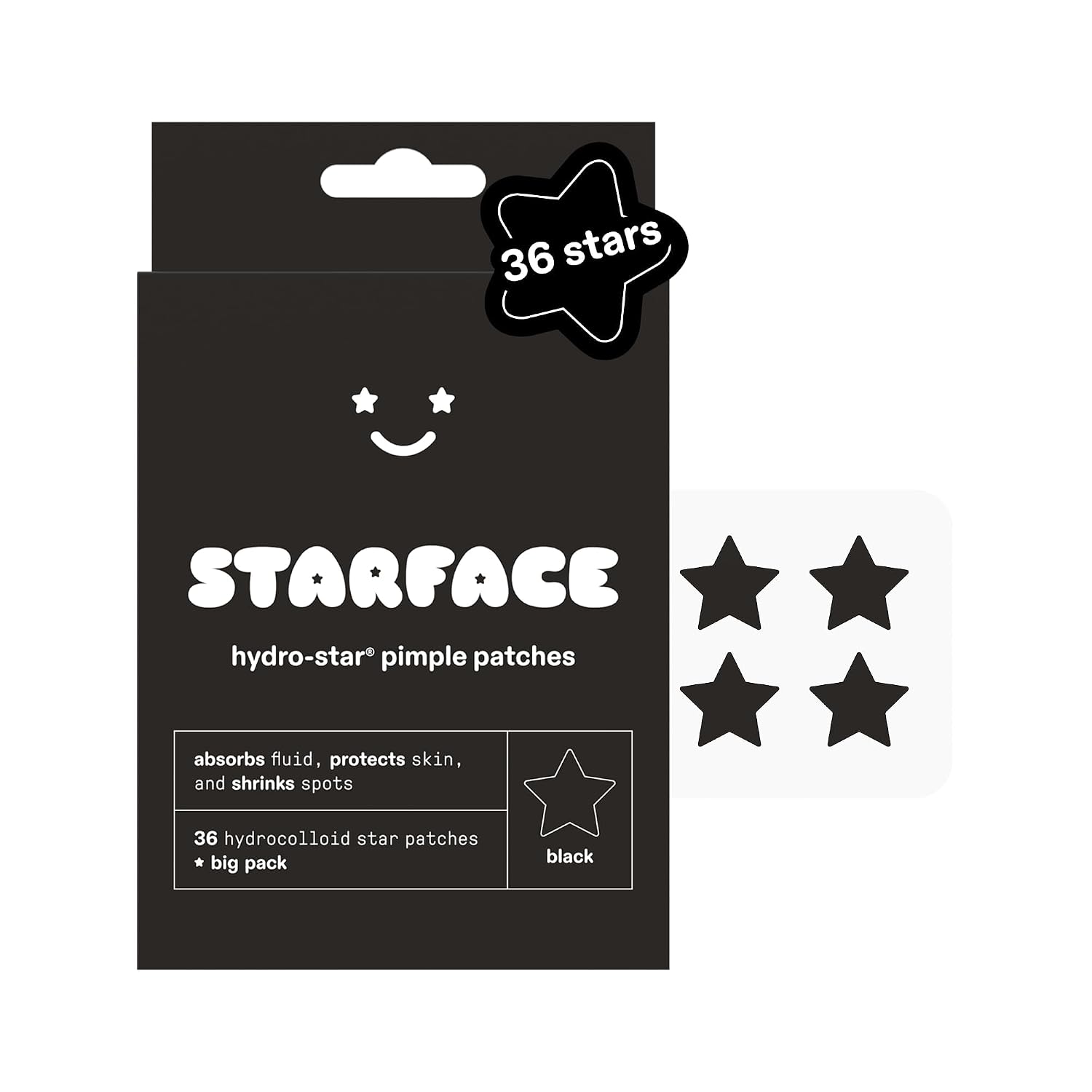Starface Hydro-Star® Black Hydrocolloid Star-Shaped Pimple Patch, 36 ct