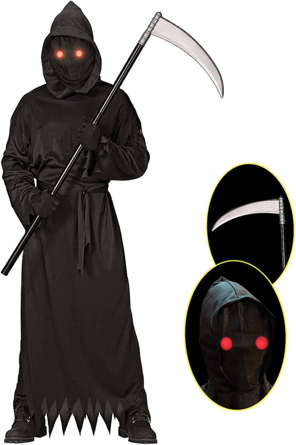 Grim Reaper Halloween Costume with Glowing Red Eyes for Adult, Scythe Included