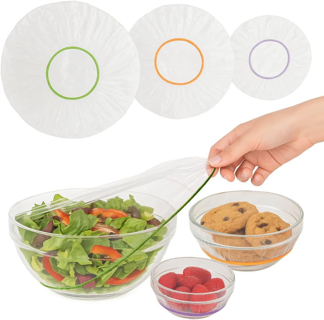 Plastic Bowl Covers, Elastic Reusable Food Covers for Bread Proofing, Storage & Outdoor Use – 100 Pack, Stretch Fit, 3 Sizes