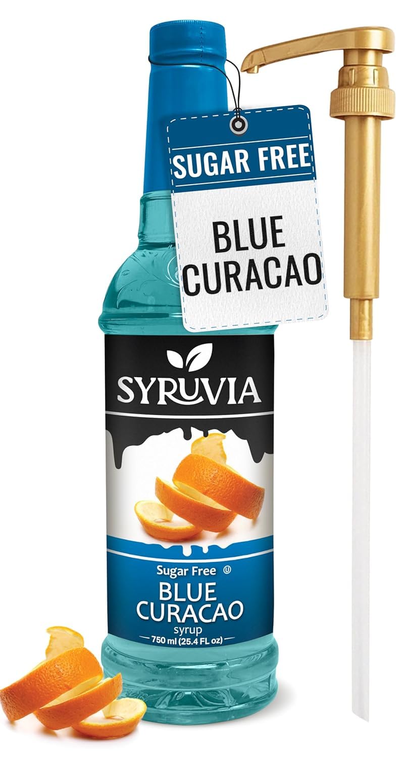 Syruvia Sugar Free Blue Curacao Syrup With Syrup Pump Dispenser – Blue Curacao Syrup Flavor, 25.4 fl oz - Perfect for Cocktails, ice Tea, Desserts, Italian Sodas, Ice and More, Kosher and Gluten-Free