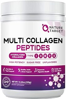 NATURE TARGET Multi Collagen Peptides Powder - Type I, II, III, V, X - Hydrolyzed Collagen Peptides with Vitamin C Hyaluronic Acid, Supports Skin Hair Nail & Joint, Grass-Fed, Non-GMO, 35 Servings