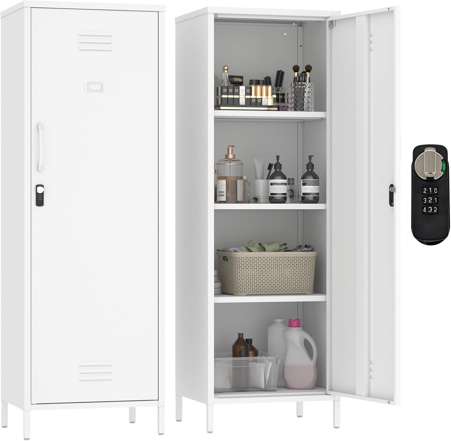 MIOCASA Metal Storage Locker with Digital Lock Steel File Cabinet with 3 Shelves 59.06-inch high for School, Bedroom, Home Office, Gym and Changing Room (White)