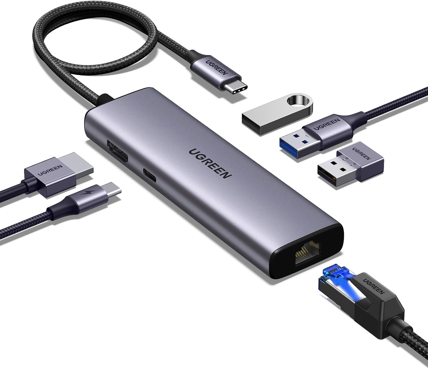 UGREEN USB C Hub, 6-in-1 USB Multiport Adaptor, 1Gbps Ethernet Adapter | 4K HDMI for Laptops, 100W PD, 3x 5Gbps USB-A Ports, Aluminum Compact USBC Dock for MacBook, HP, Dell Laptops, iPad Pro