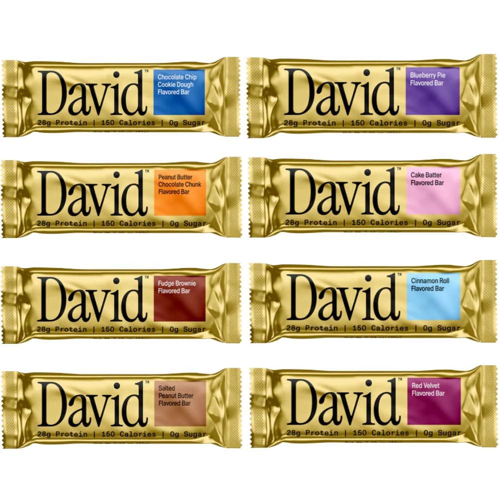 David Protein Bar Variety Pack – 8 Flavors – 28g Protein, 150 Calories, 0g Sugar, High Protein Low Carb Snack Bars – Gluten Free (Pack of 8) All Flavors