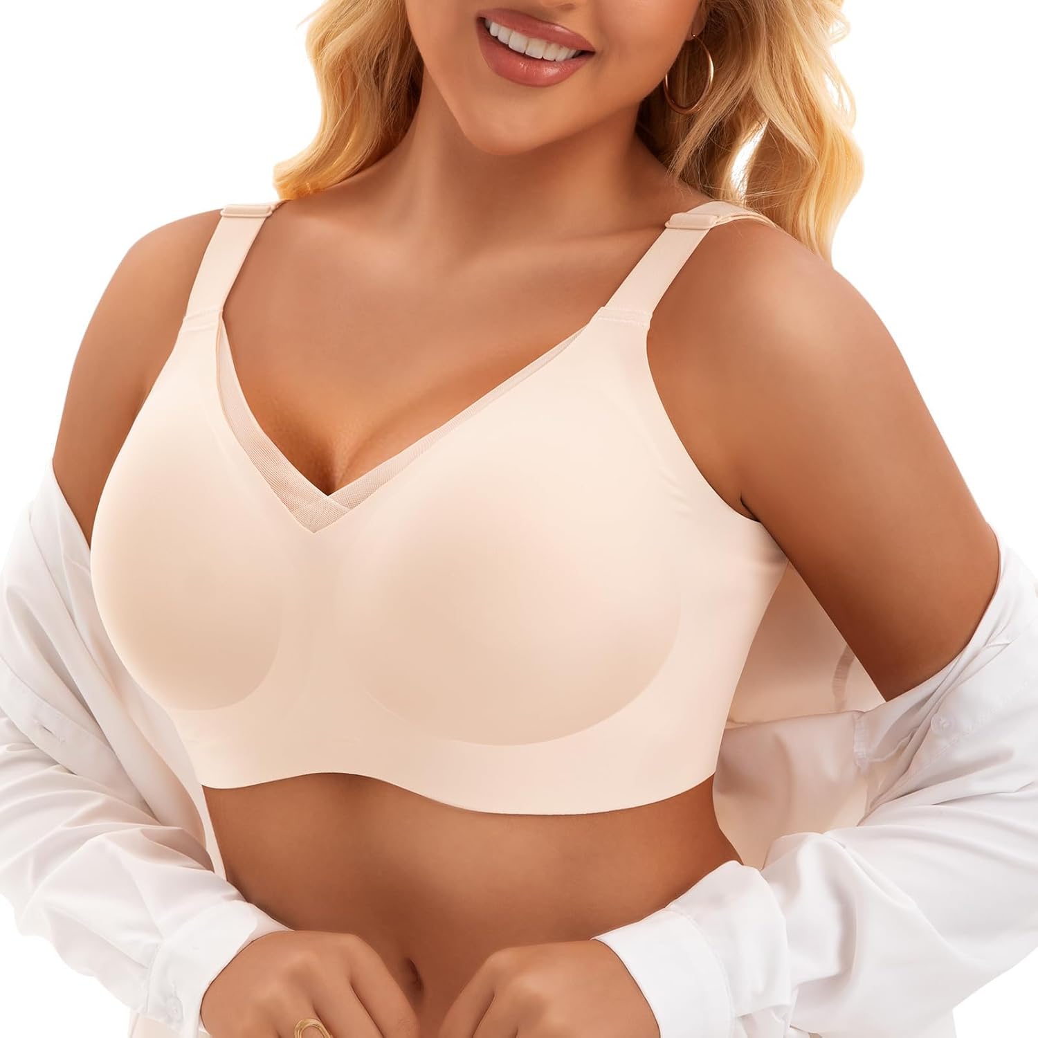 PoseFree Womens Wireless Bras Supportive Tshirt Bra No Underwire Seamless Push Up V Mesh Comfortable Bralette Everyday Bras