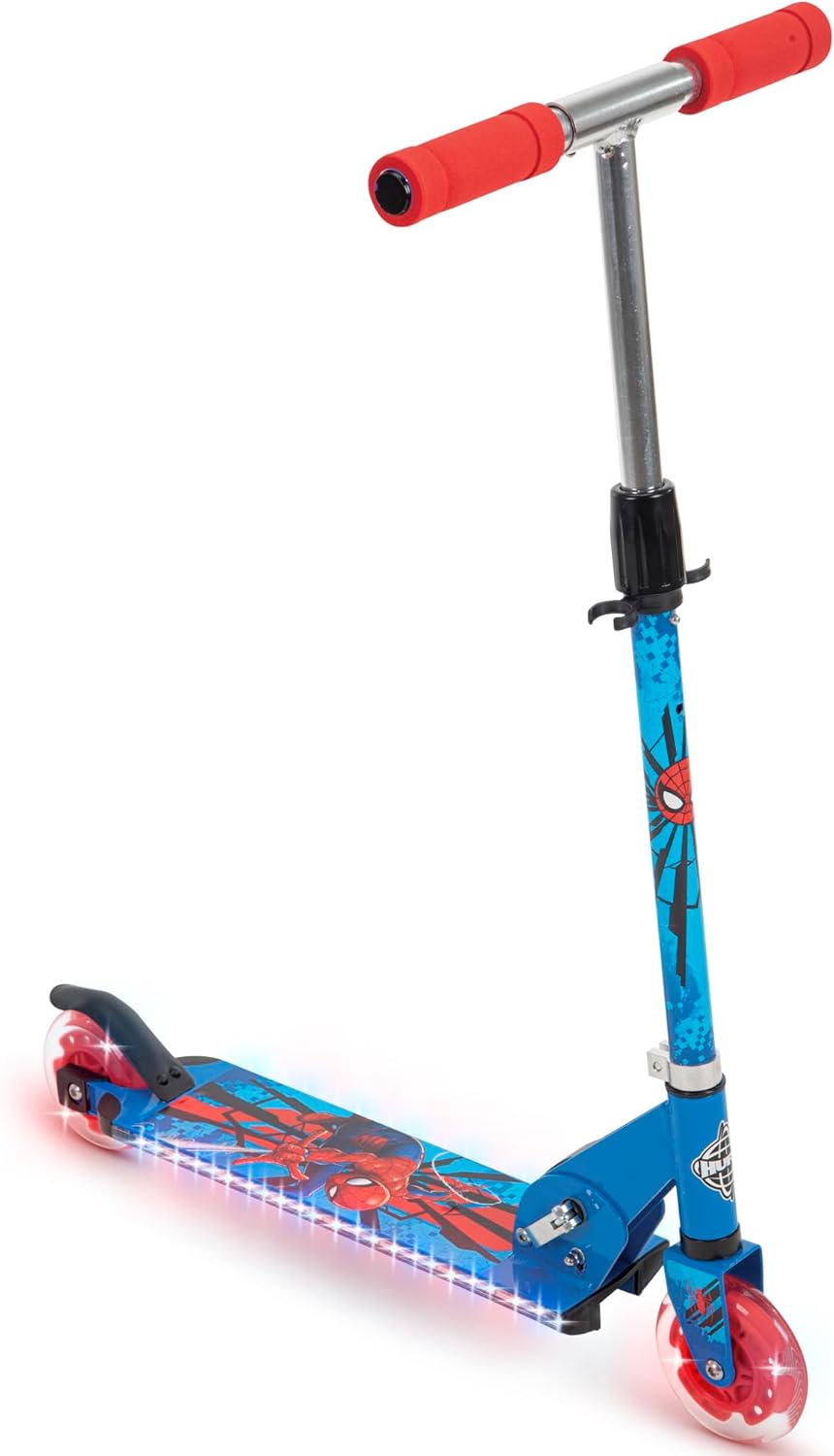 Huffy Disney and Marvel Light Up Kids' Inline Scooters, Multiple Color Options, LED Lights, Ages 5+ Years Old, Adjustable Handlebar, Durable Steel Frame, Foldable, Girls/Boys, 2-Wheels