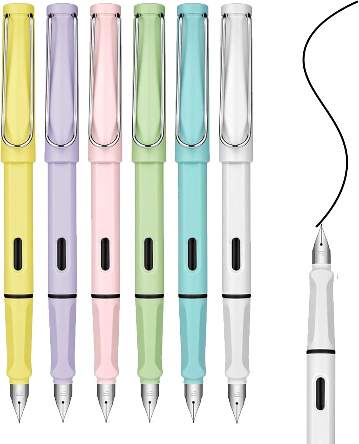 Xuigort 6pcs Macaron Fountain Pens Set, Durable Writing Everlasting Pen, Replaceable Fountain Pen for Writing, Drawing, Children, Adults, Home, School, Office Use