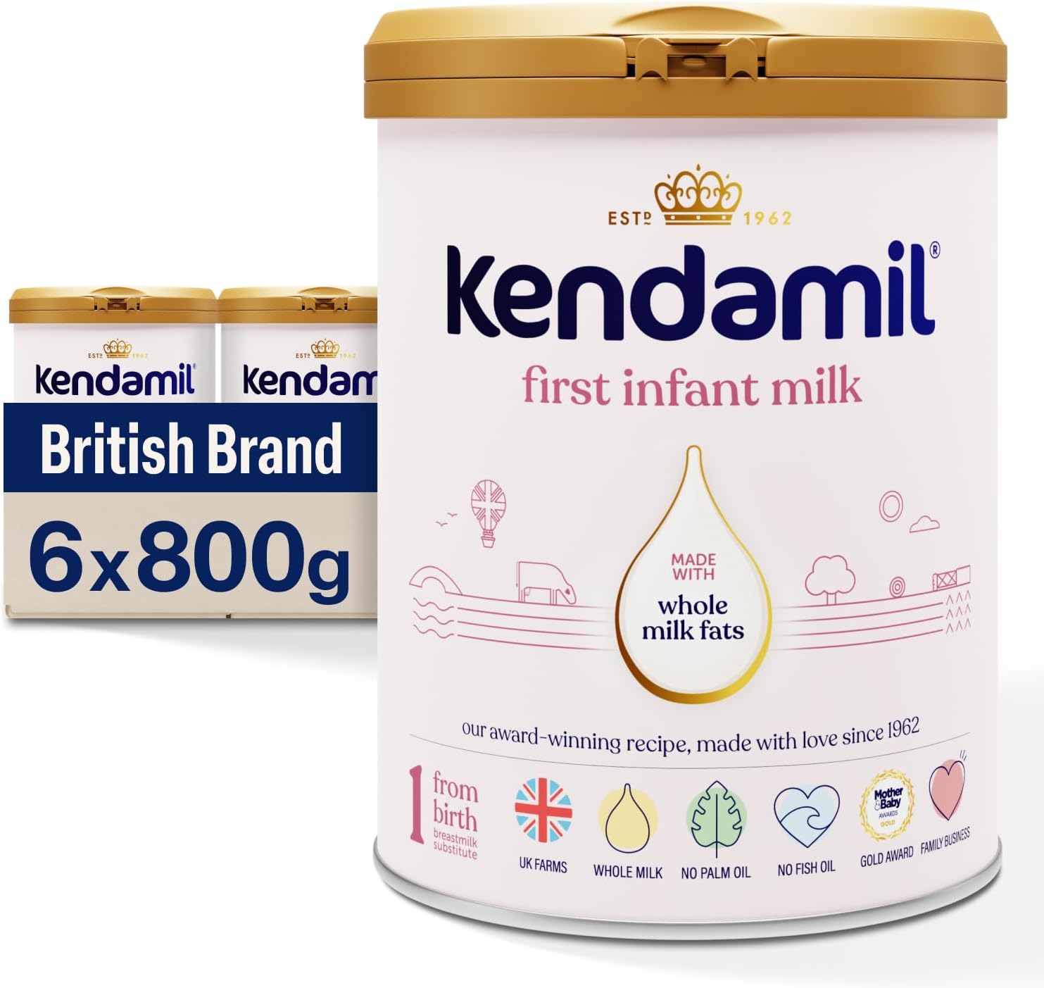 (6x800g) Kendamil Classic First Infant Milk - Stage 1 from Birth, Whole Milk Formula, Vegetarian, No Palm Oil, No GMOs and with Omega 3 DHA, Omega 6 ARA and Prebiotics