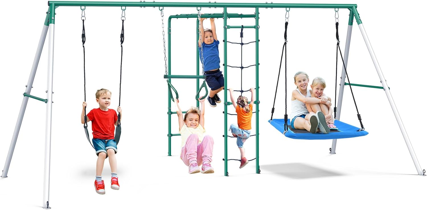 Hapfan Swing Sets for Backyard with Monkey Bars, Belt Swing, Platform Swing, Climbing Net, Trapeze Bar, Outdoor Playset for Kids
