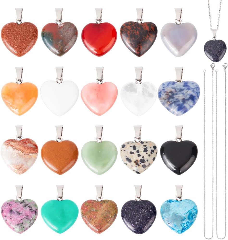 arricraft 20 Pcs 20 Colors Heart Gemstone Beads, Natural Crystal Pendants with 304 Stainless Steel Chains Synthetic Mixed Gemstone Love Heart Pendants for Jewelry Making