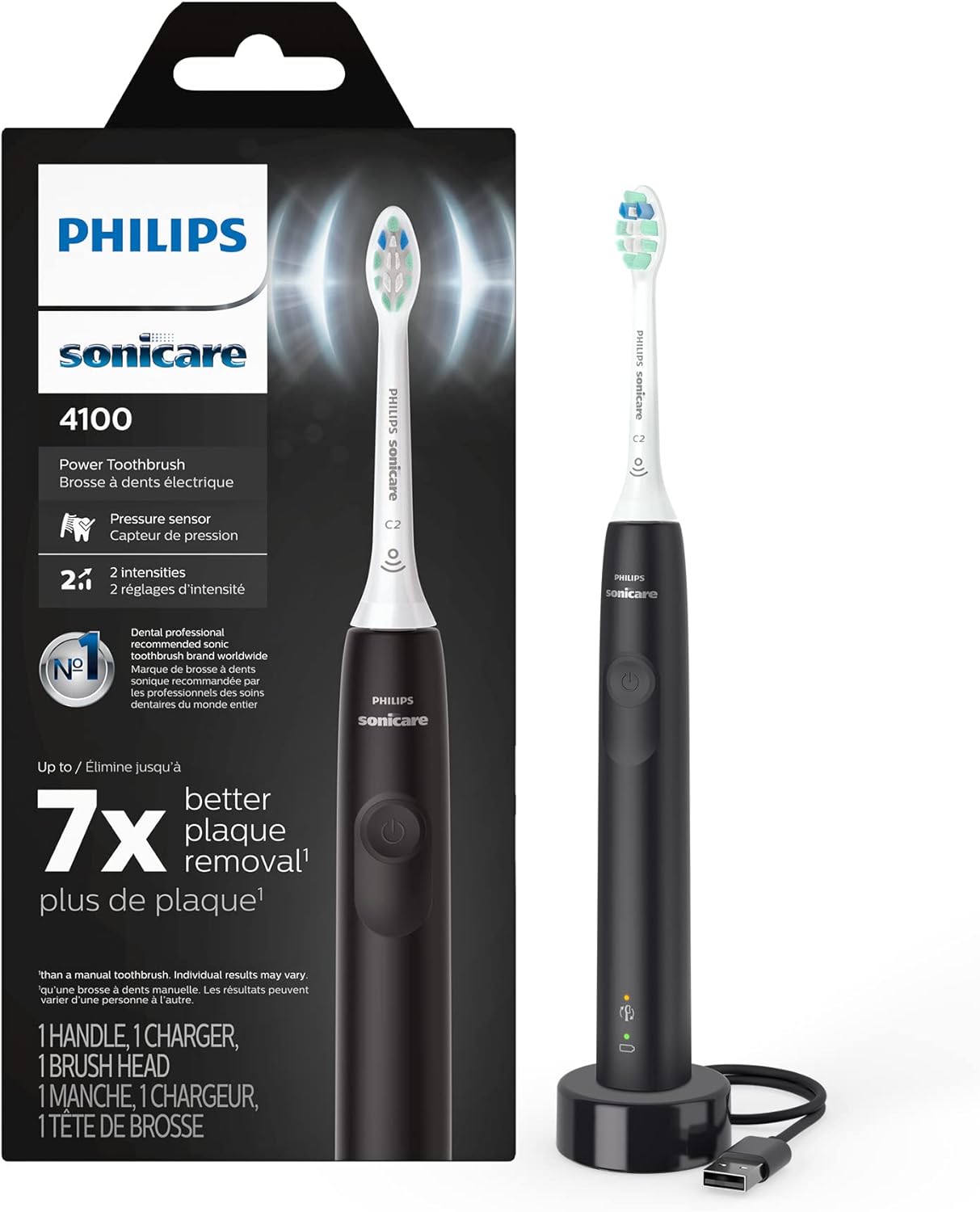 PHILIPS Sonicare 4100 Electric Toothbrush, Rechargeable Electric Toothbrush with Pressure Sensor, Black HX3681/24