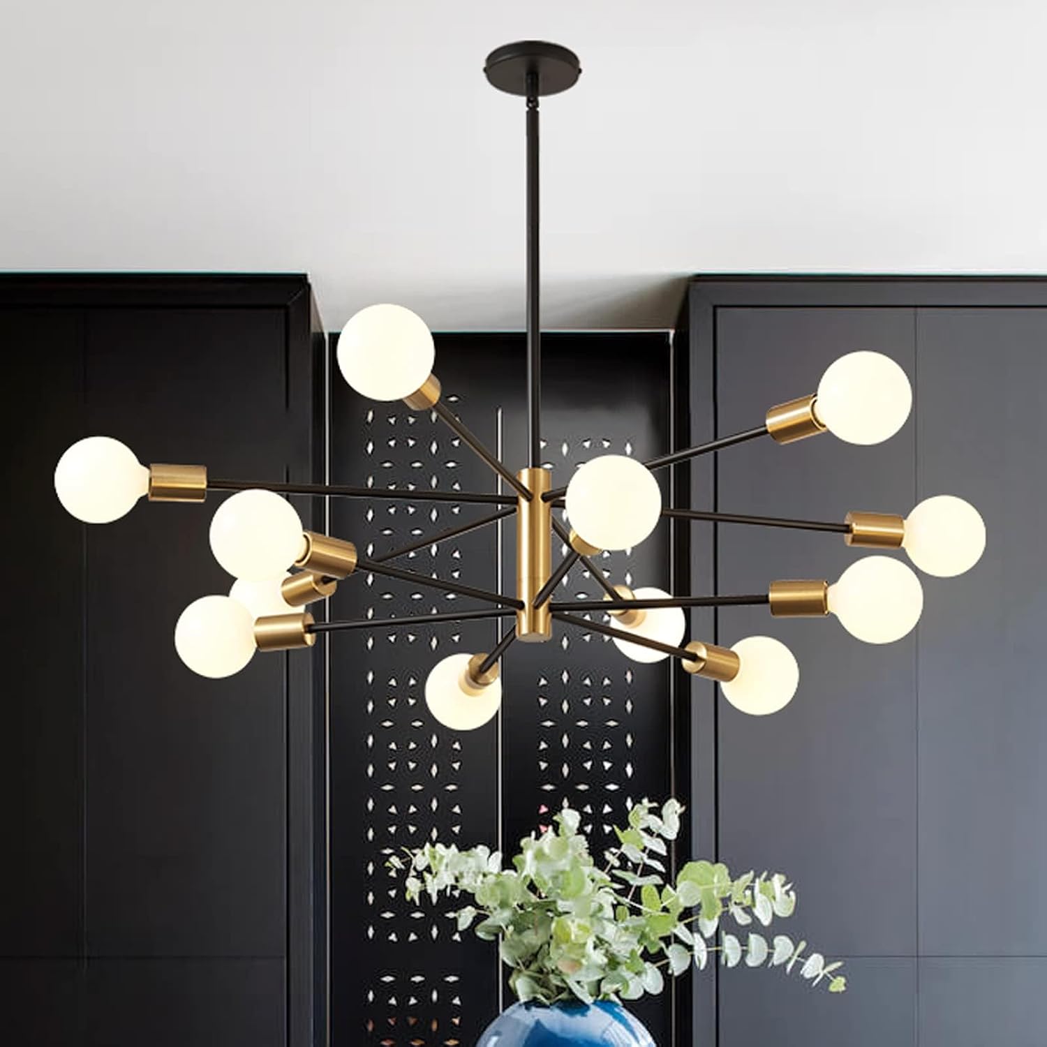RUIYEY Modern Chandelier Ceiling Light Fixture - 33.4" 12-Light Gold and Black Sputnik Chandeliers, Height Adjustable Industrial Farmhouse Pendant Lighting for Dining Room, Living Room, Kitchen Island