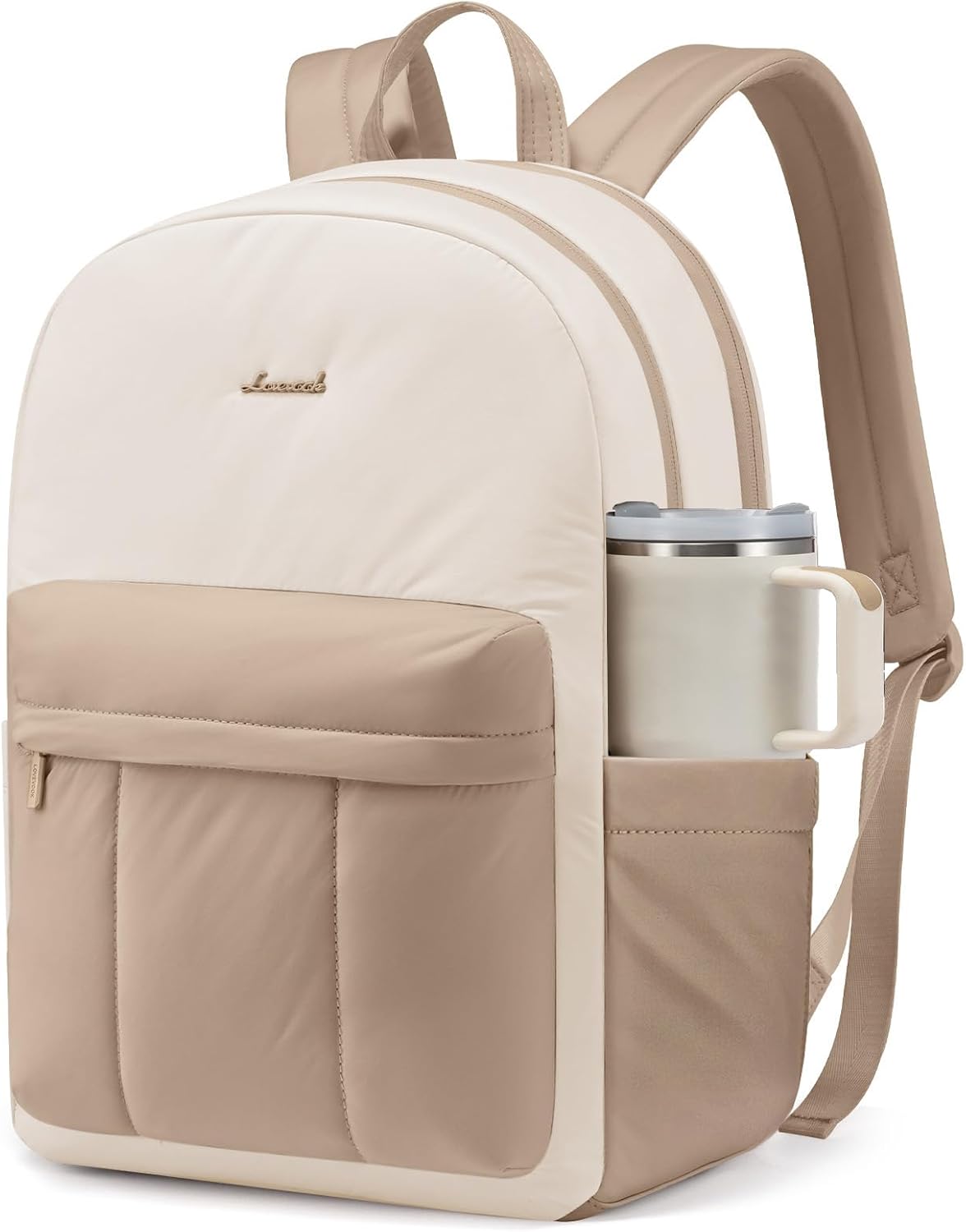 LOVEVOOK Travel Backpack for Women Girl, Lightweight Quilted School Puffy Laptop Backpack Purse,Teacher Nurse Work Computer Bag,Cute Bookbag Waterproof Student Casual Daypack,15.6 Inch, Beige-Khaki
