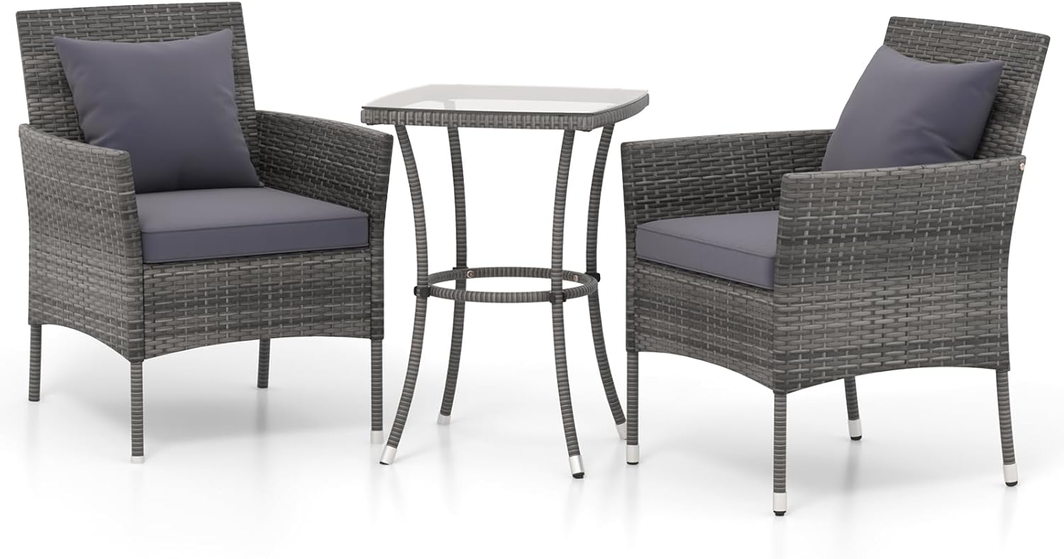 ORALNER 3 Pieces Patio Furniture Set, Wicker Bistro Table and Chairs, Outdoor Rattan Conversation Set for Porch, Balcony, Pool, Garden, Deck, Yard (Gray)