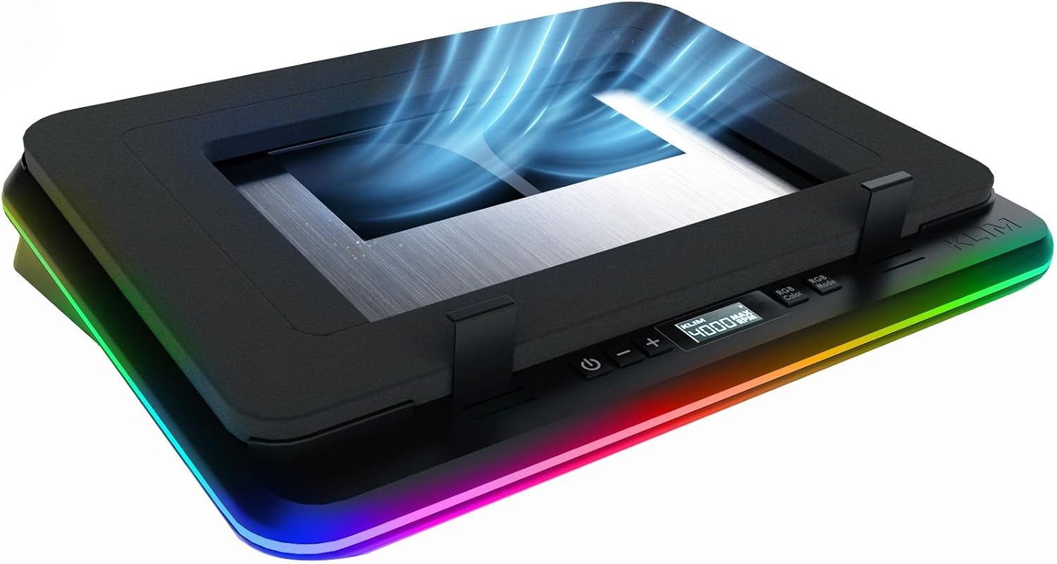 KLIM Turbofrost Gaming Laptop Cooling Pad - 4 Powerful Turbo Fans - 4 x 4000 RPM, Laptop Cooler 2 Power Modes USB-C/DC, Dynamic RGB, 4-Ports USB, Sealed Foam for Fast Cooling - Up to 17in