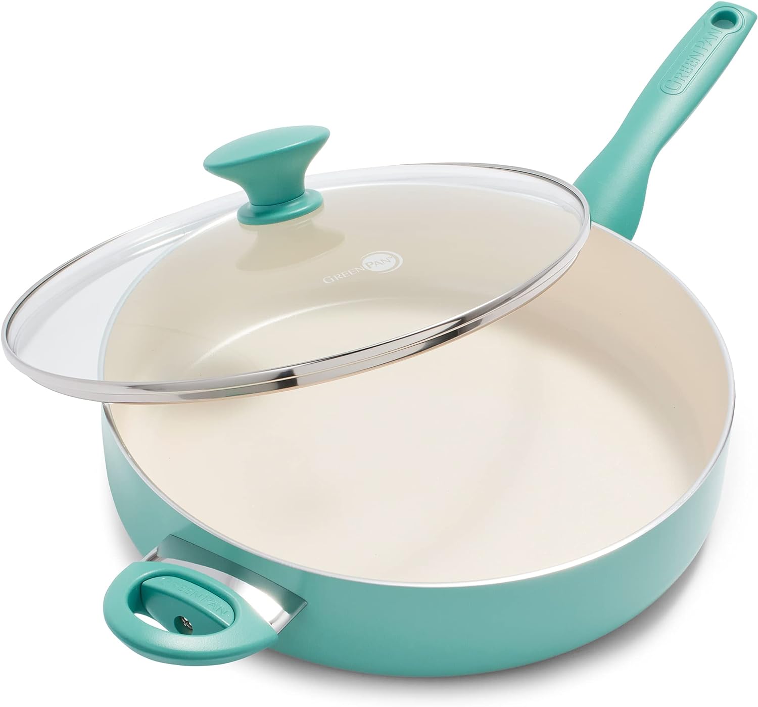GreenPan Rio Healthy Ceramic Nonstick 5QT Saute Pan Jumbo Cooker with Helper Handle and Lid, PFAS-Free, Dishwasher Safe, Turquoise