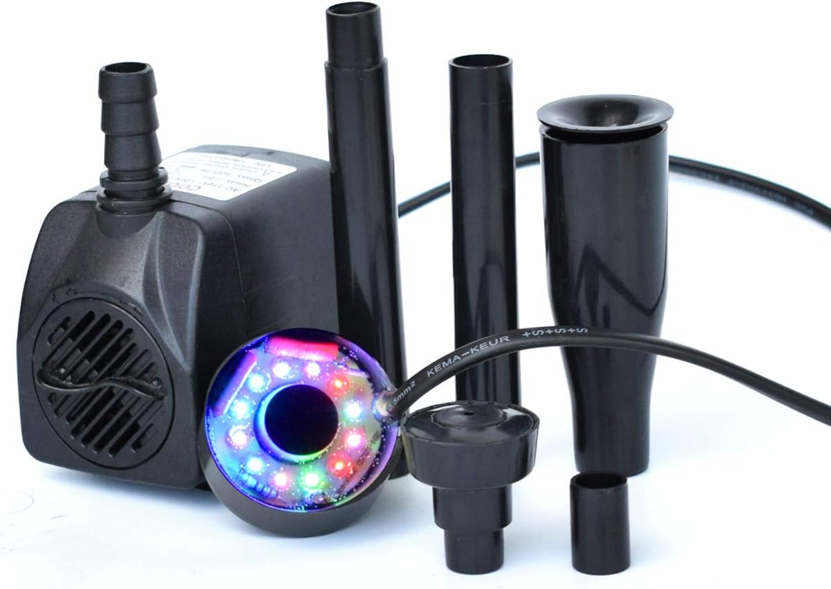 15W 200GPH (750L/H)Submersible Pump Fountain with 12 RGB Color led Light Flow Adjustable, for Aquarium Pond Fountain Fish Tank Water Hydroponic