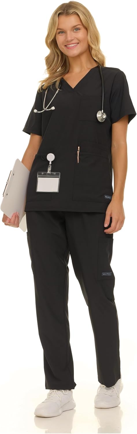 Nautica Scrubs for Women Set, 9 Pocket Breathable Scrub Sets For Woman Pants Tops, Comfortable Soft Stretch Womens Scrub Sets
