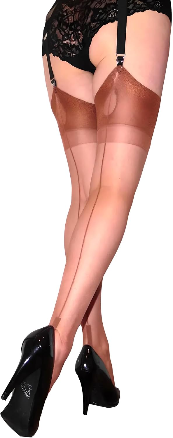 Fully Fashioned Nylon Stockings Seamed Cuban Heel Keyhole Welt Brown, Medium NEW