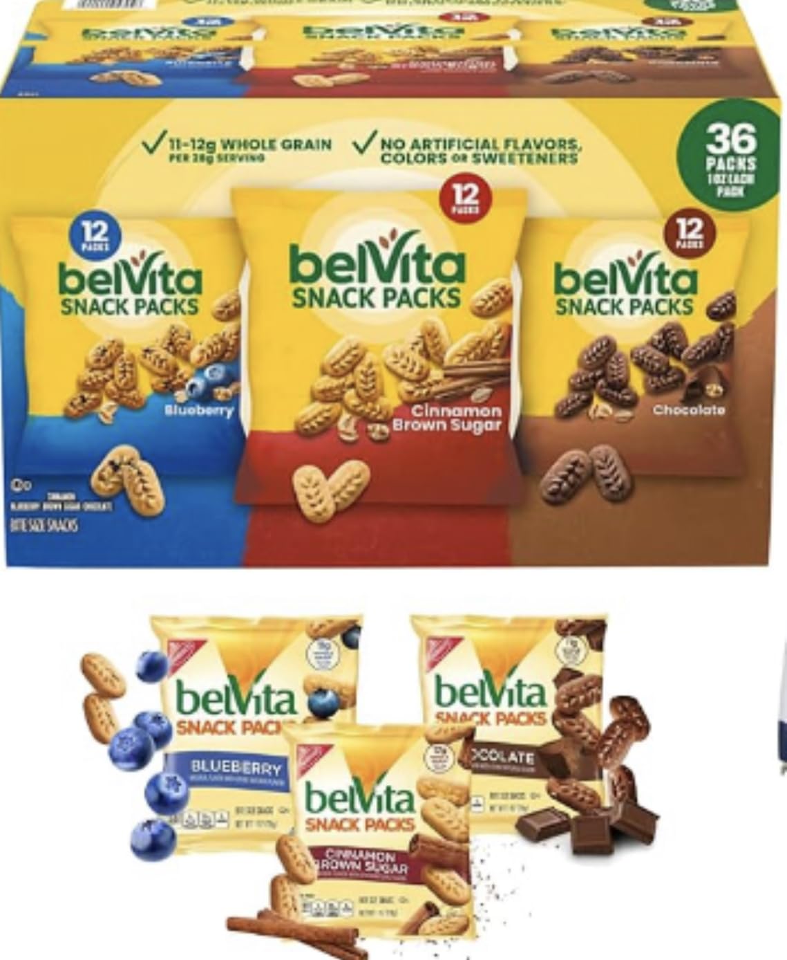 Express Minds llc - BelVita Breakfast Biscuits Variety Packs | 3 Natural Flavors - 12 Chocolate belVita Snack Packs, 12 Cinnamon Brown Snack Packs, and 12 Blueberry Snack Packs
