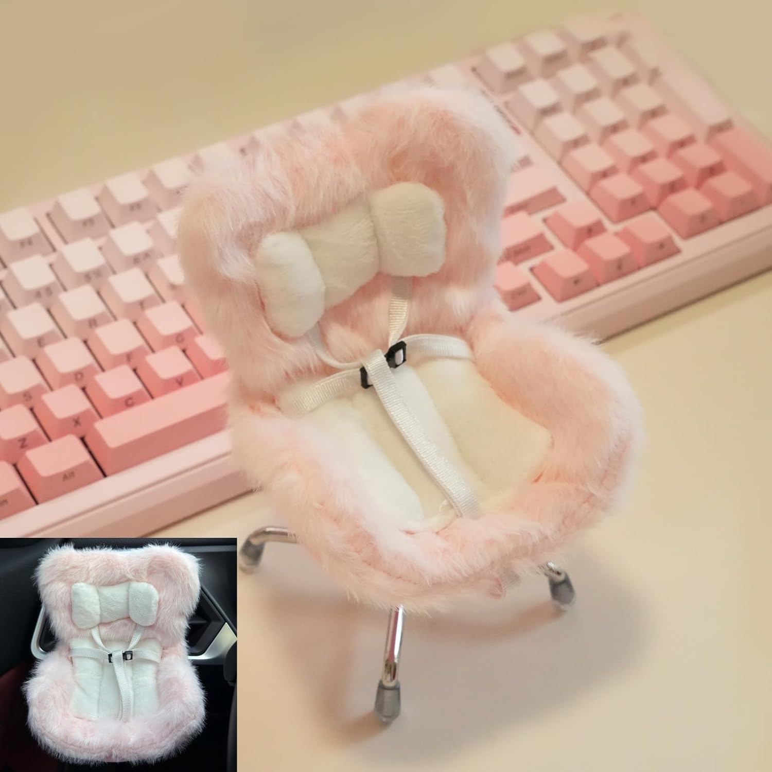 Doll Car Seat for Labubu 17cm with Air Vent Clip and Desktop Stand, Cute and Functional Car Ornament for Blind Box Doll Fans, Collectors (Light Pink)