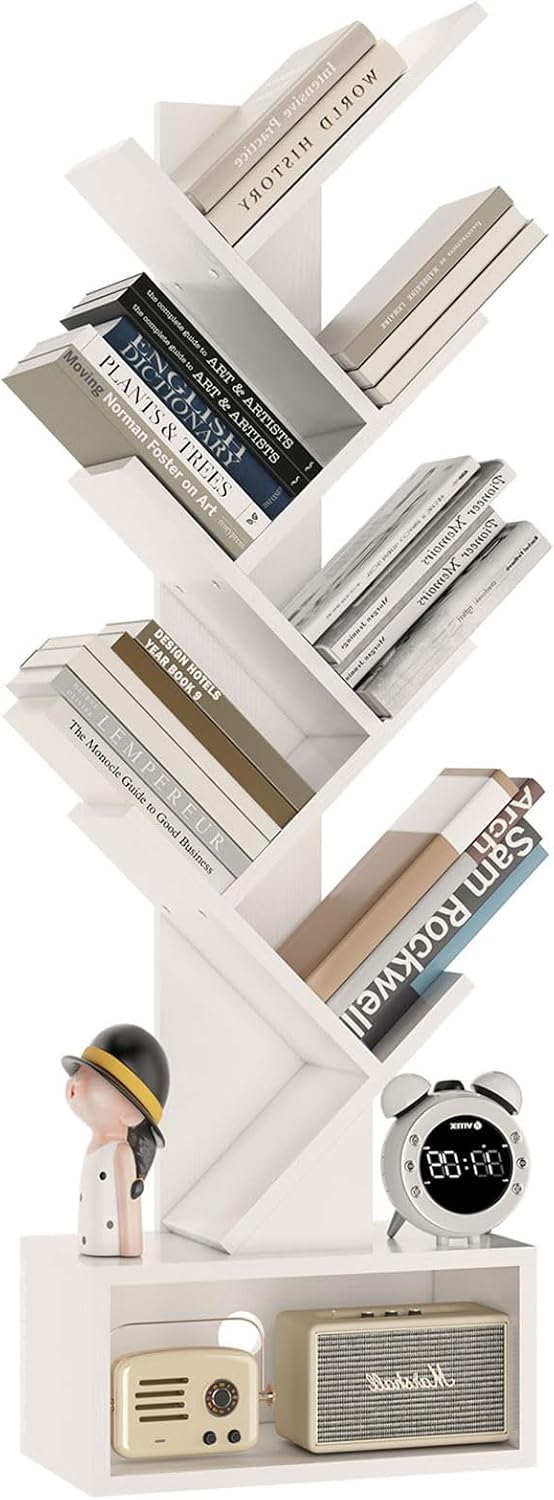 YMYNY 6 Tier Tree Bookshelf, Tall Bookcase, Wood Book Storage Rack with Drawer, Modern Floor Standing Book Shelf for Books/Movies/CDs, Utility Organizer for Living Room, Home Office, White HBC016W