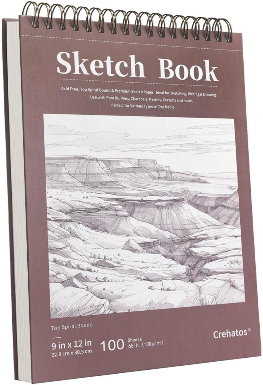Crehatos 9" x 12" Sketch Book, Top Spiral Bound Sketch Pad, 100 Sheets 68lb/100gsm Drawing Paper, 1 Pack